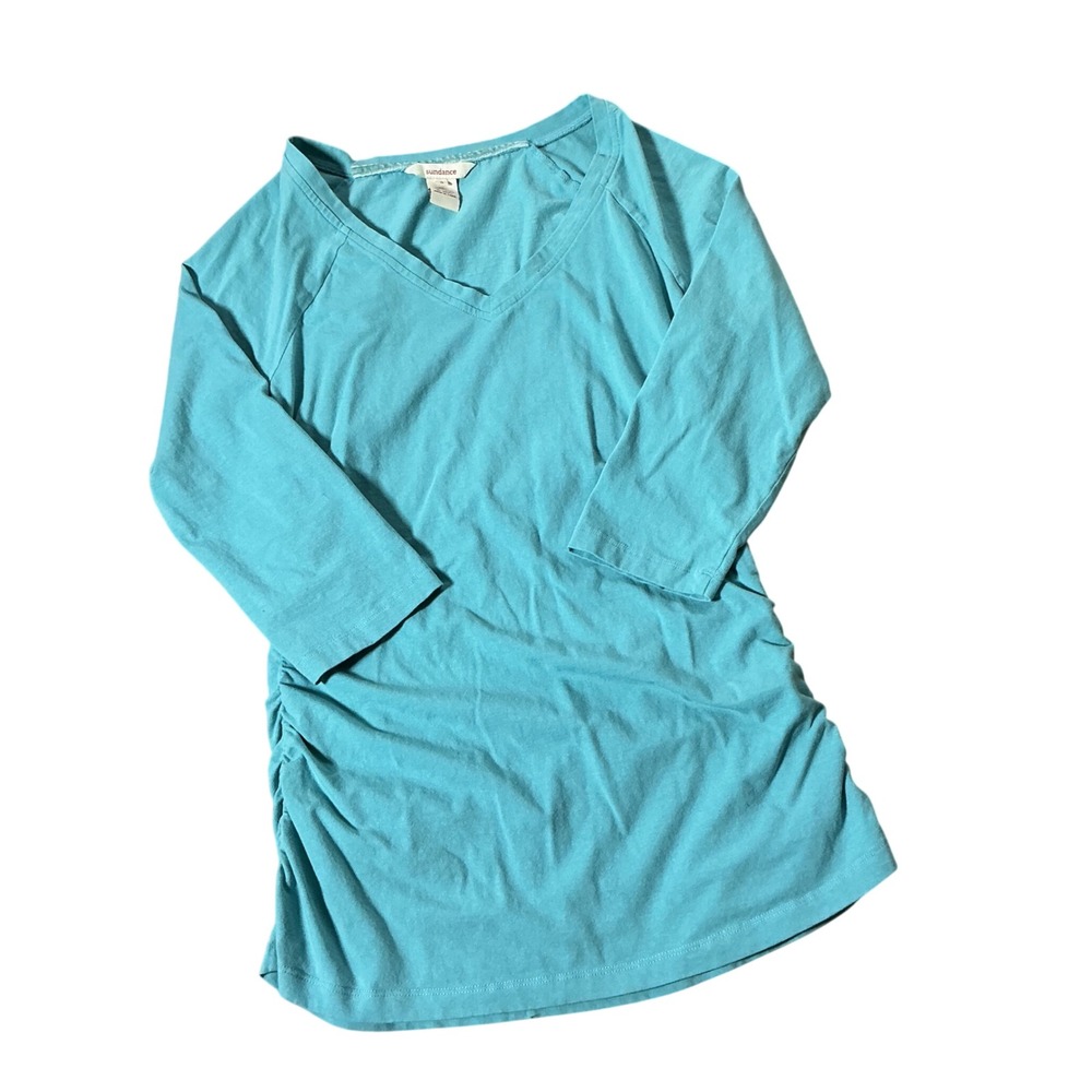 Sundance Ruched V-Neck Top Womens Small Blue 3/4 Sleeve Cotton Raglan Tee